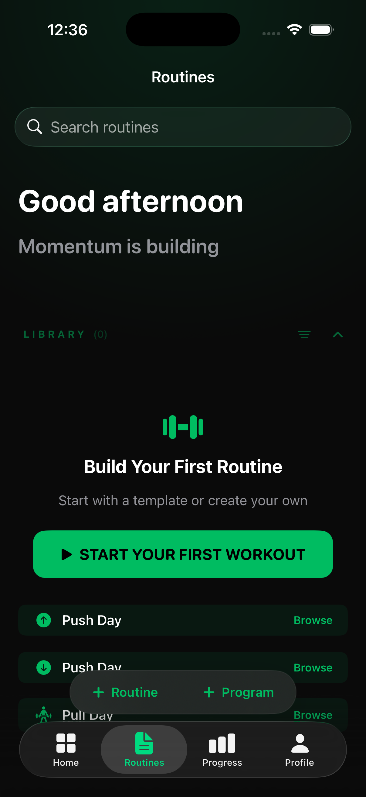 The Routines tab: tap + Program, then Create Program