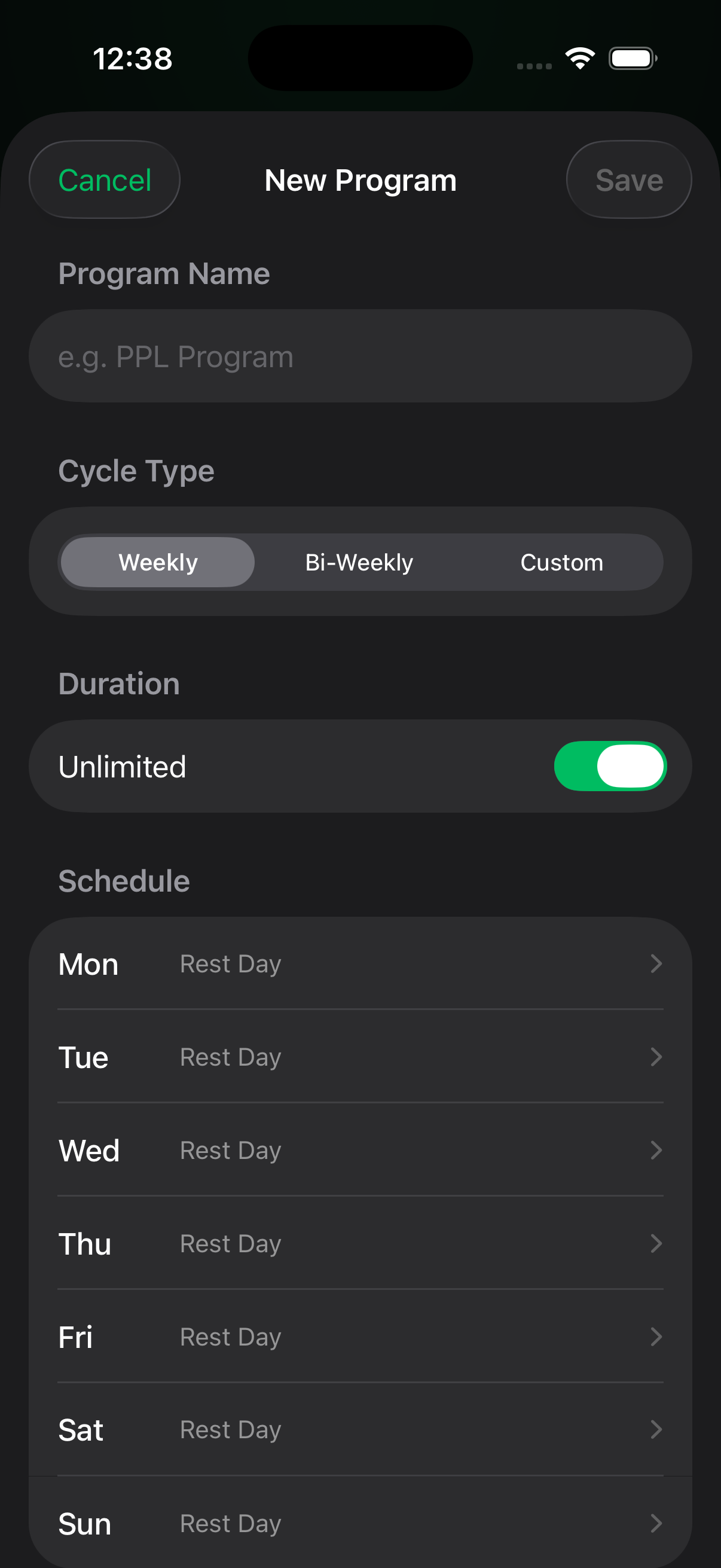 New Program: name, cycle type (Weekly / Bi-Weekly / Custom), duration, and the day-by-day schedule