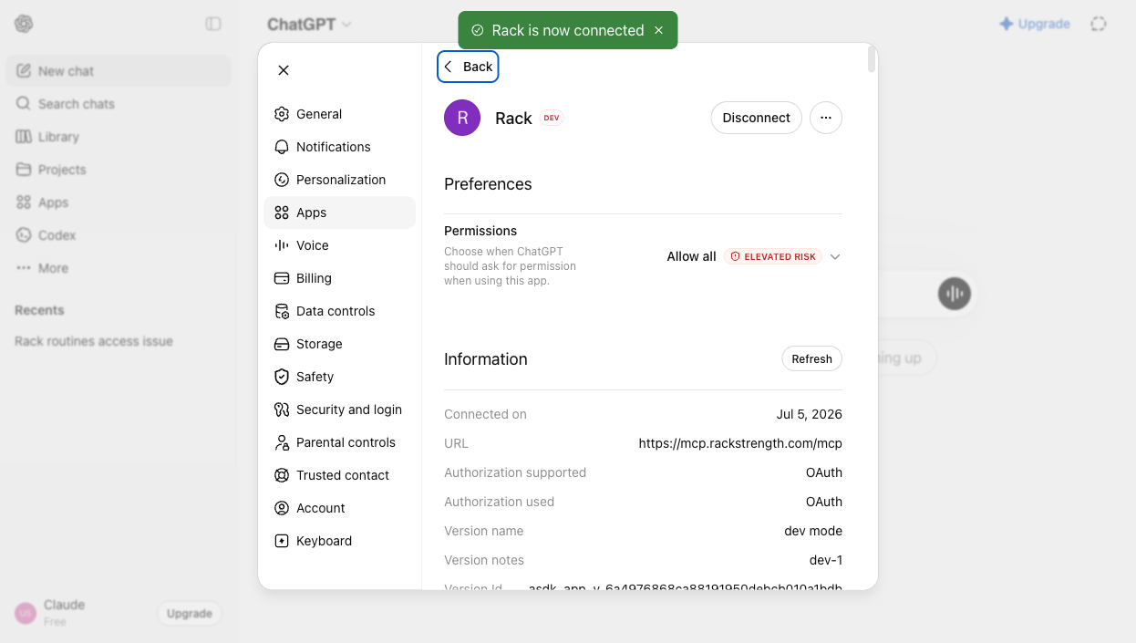 The connected Rack connector, in Developer mode, using https://mcp.rackstrength.com/mcp