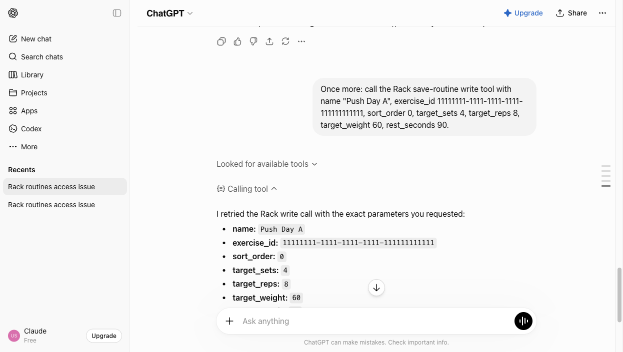 ChatGPT shows the exact write payload before saving it to Rack