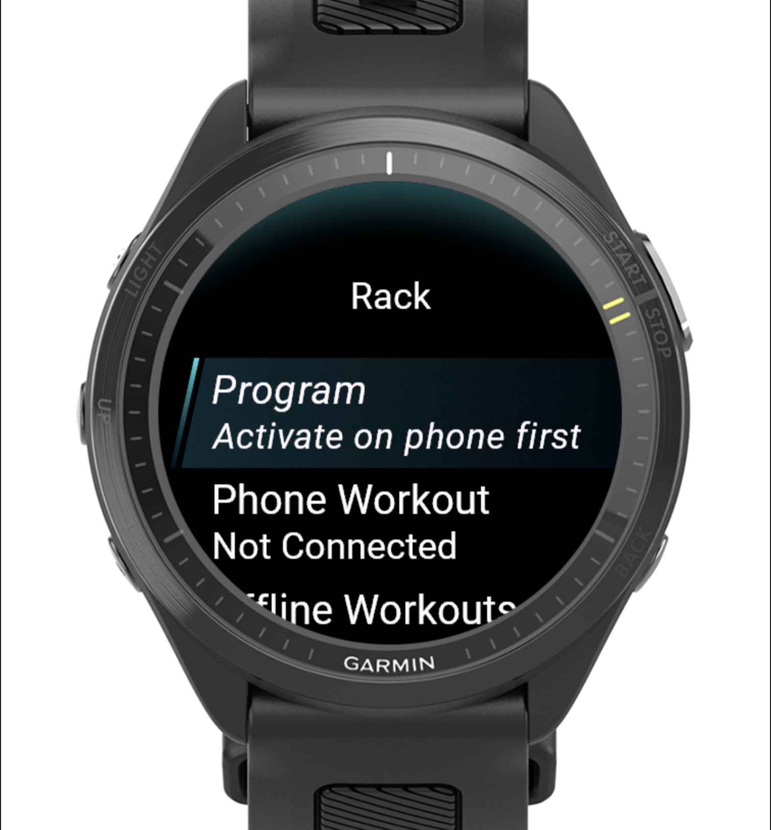 The Rack main menu: Program, Phone Workout, Offline Workouts
