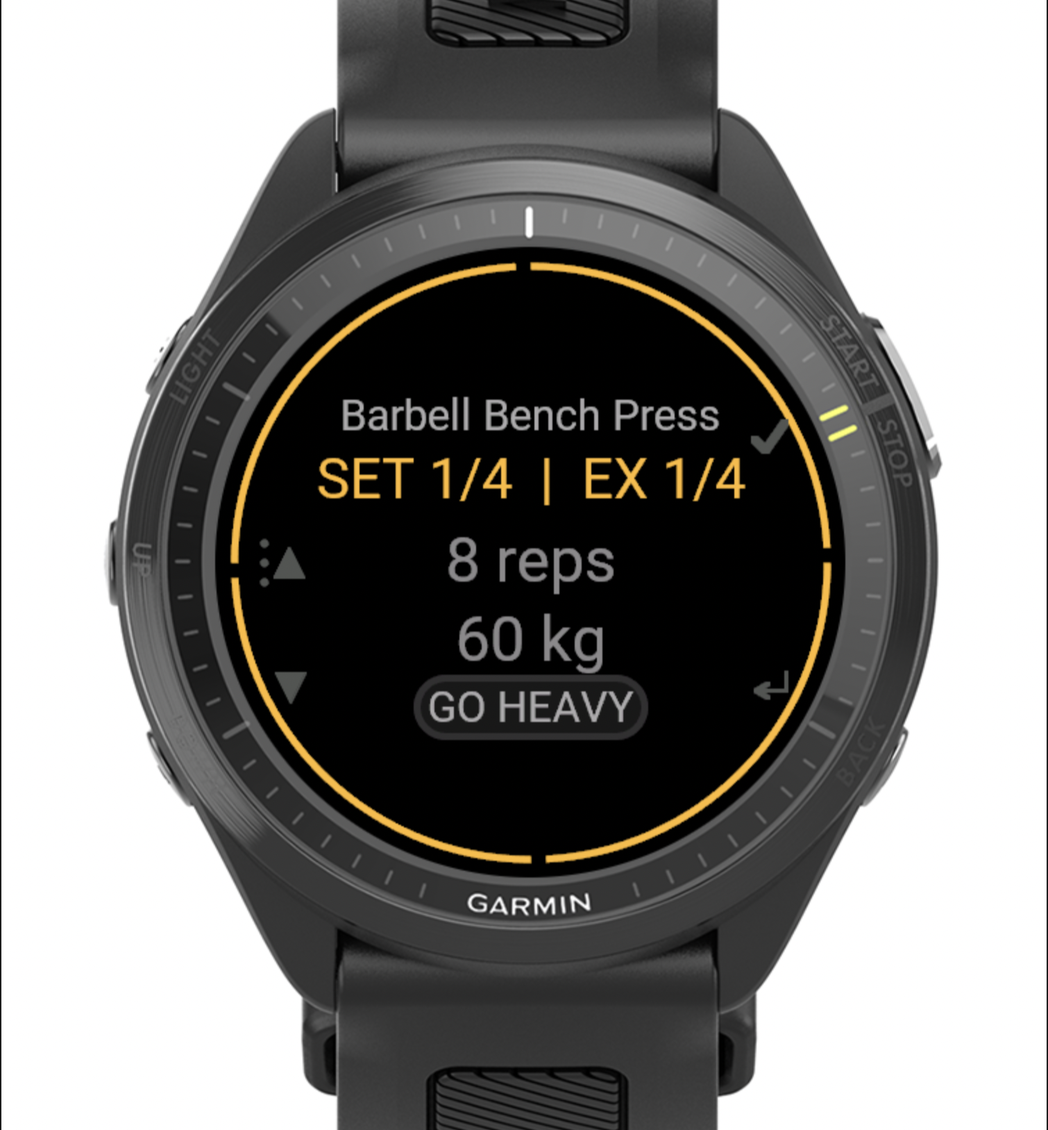 The exercise view: reps, target weight, and set / exercise progress