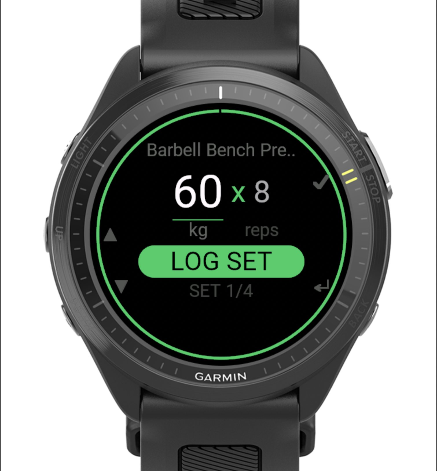 The set-confirm stepper: adjust weight and reps, then LOG SET