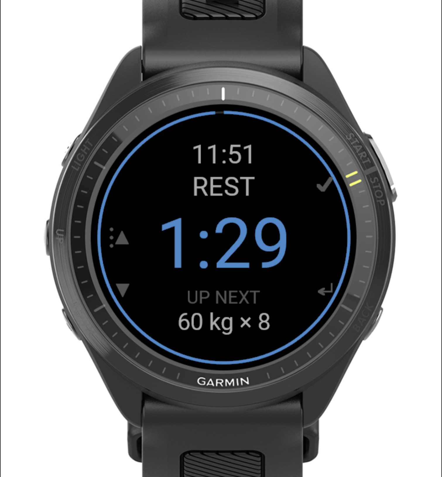 The rest timer counts down, with your next set queued below