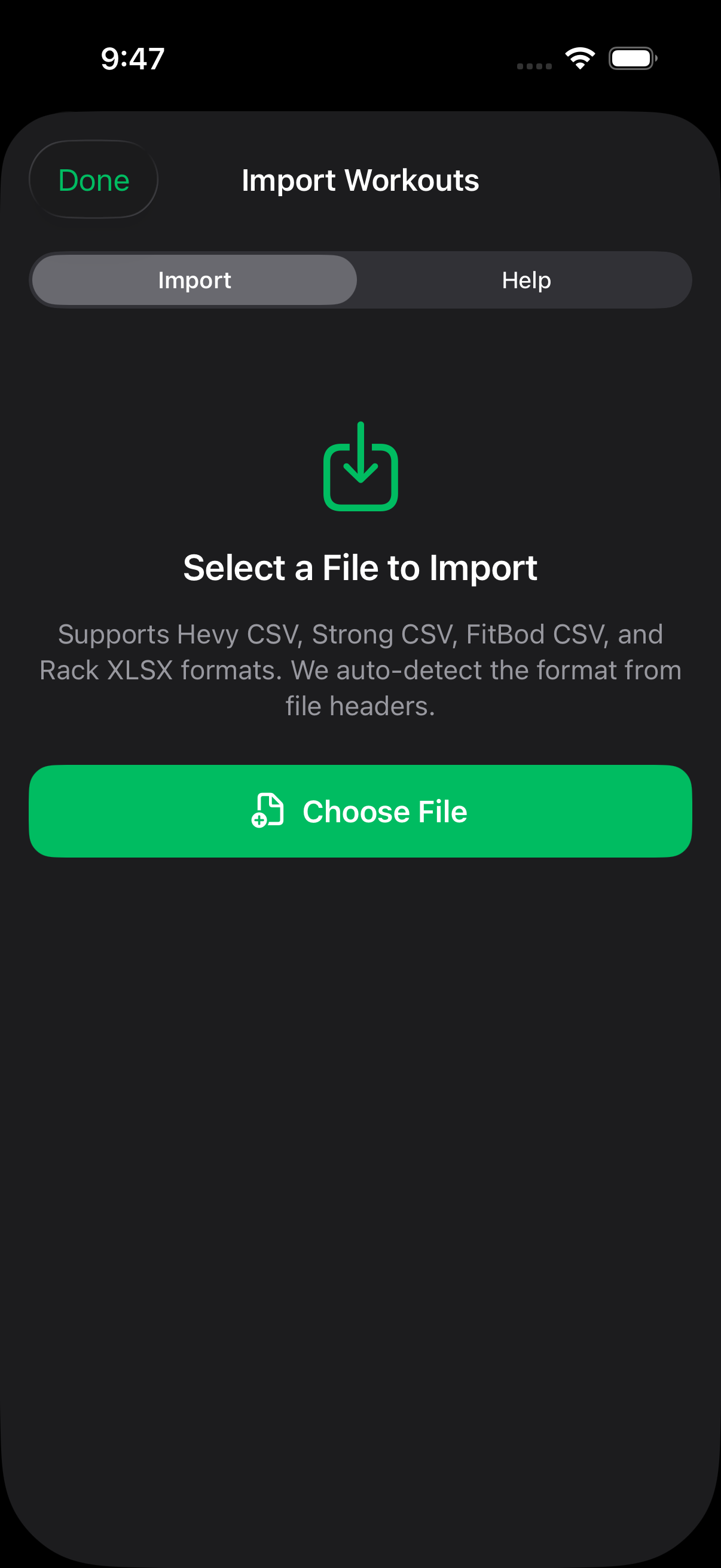 iPhone: Import from Other Apps supports Hevy, Strong, FitBod, and Rack XLSX