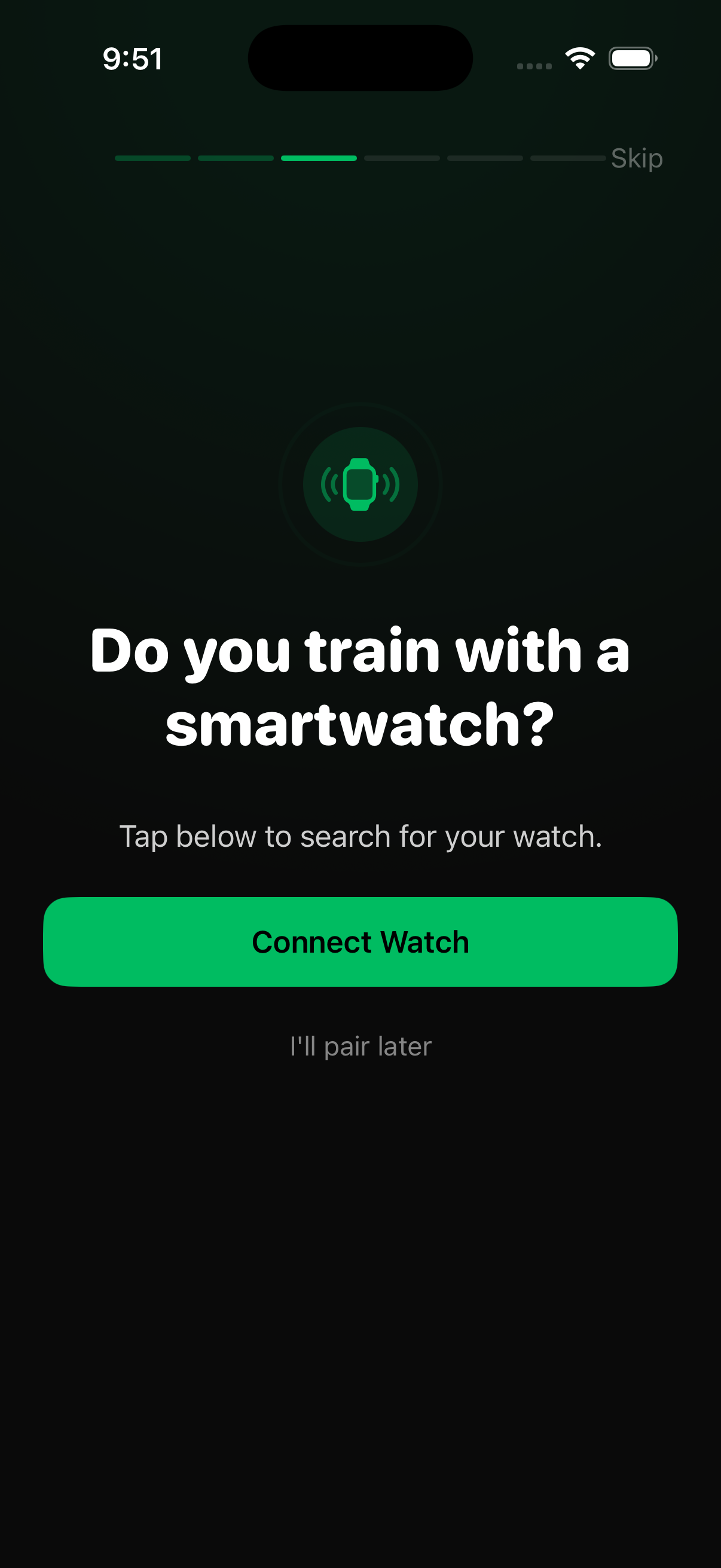 Settings → Garmin → Connect Watch to start pairing