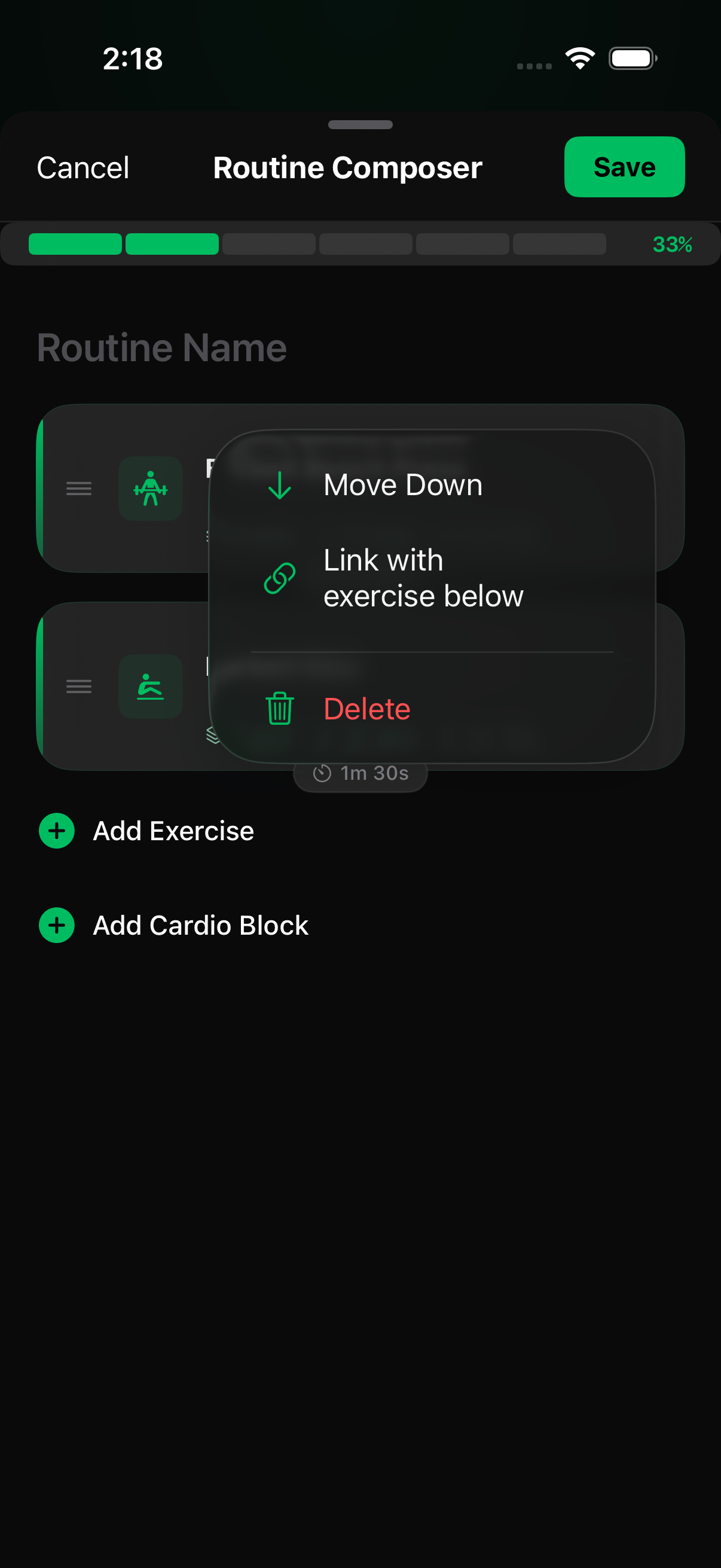 The three-dot menu on an exercise card, with Link with exercise below