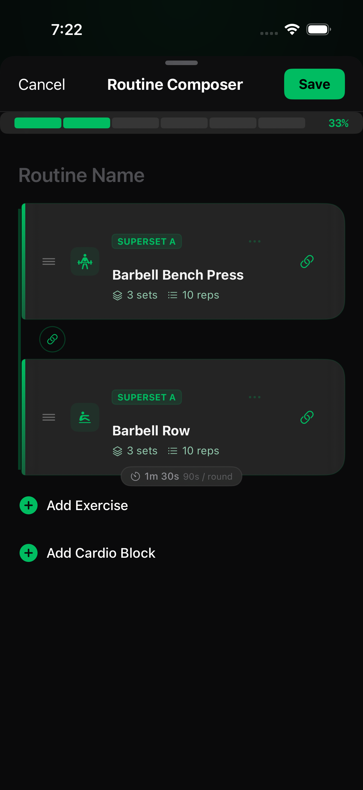 Two linked exercises: a SUPERSET badge on each card and a chain connector between them