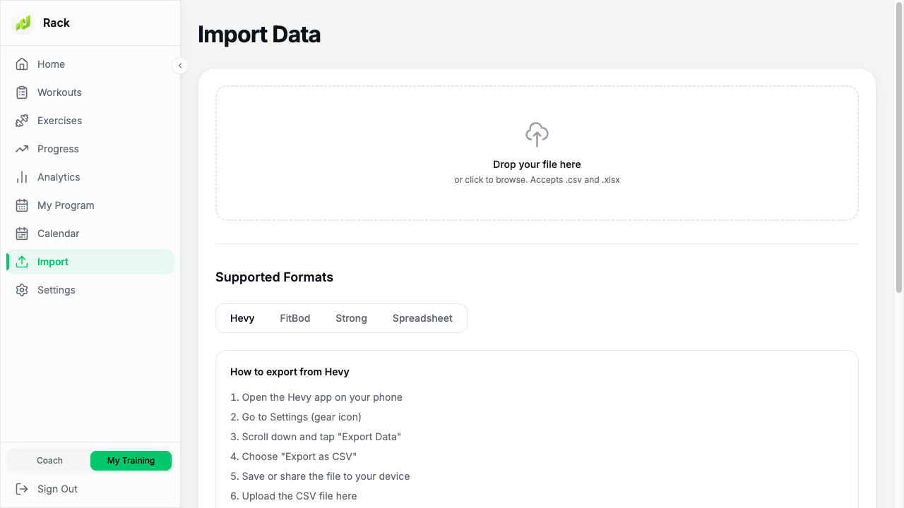 Web: the Import page at rackstrength.com takes the same export files